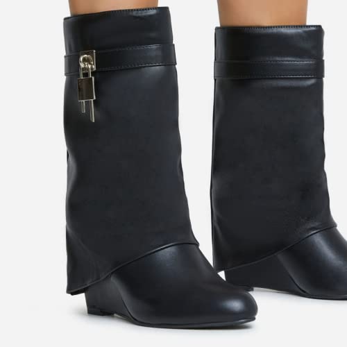 Image of keleimusi Fold Over Wedge Boots Heeled PadLock Pant Knee High Shoes Tall /Short Booties