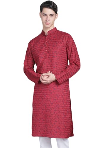 Image of Majestic Man Men's Cotton Regular Fit Casual Mandarin Collar Ethnic Motifs Printed Long Regular Kurta