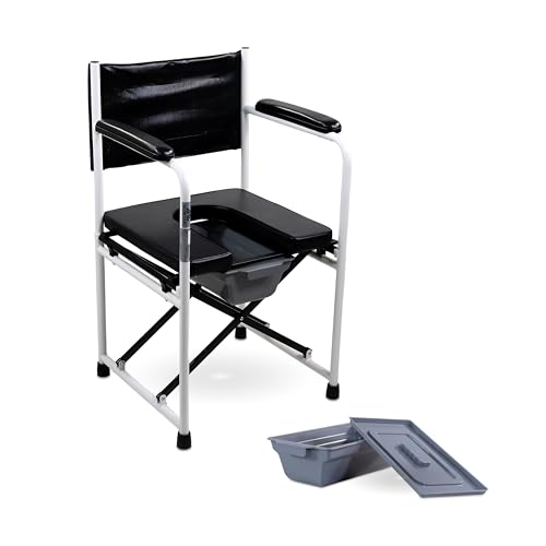 Mobiclinic®, Silla WC, Plegable, Ebro, con Reposabrazos, Asiento Acolchado, Cubeta Extraíble y Tapa, Conteras Antideslizantes, Máx. 100 Kg, Acero Cromado