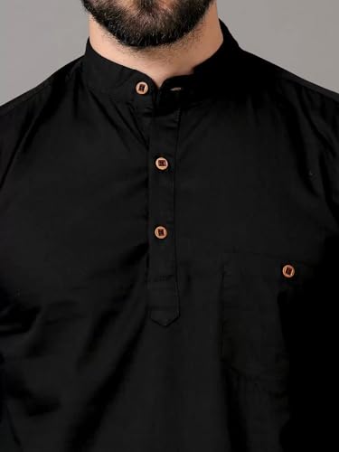 Image of DEEMOON Men's Cotton Blend Full Sleeve Short Kurta with Mandarin Collar Crafted from a Premium Cotton Blend