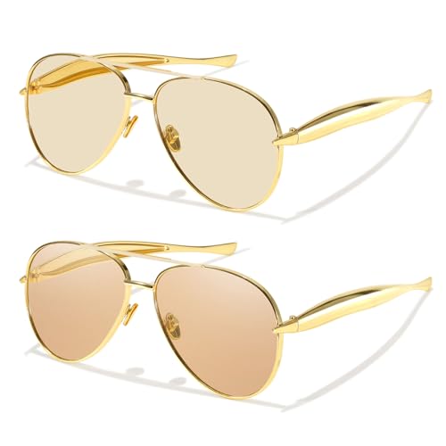 2 Pack Gold Aviator Sunglasses for Women Polarized Trendy Designer Sun Glasses Metal Temples 2025 Fashion Shades