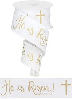 Craig Bachman 2.5" 'He is Risen' White Ribbon with Gold Script & Crosses (10 Yards) - Wired Edge for Easy Crafting, Perfect for Easter Displays, Church Services, Sunday School, and Gift Wrapping