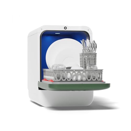 Bob - Compact Dishwasher -daily dishes of 3 people - Built-in Dishwasher - Free-standing, Integrated tank, Portable - White (Chrome green)