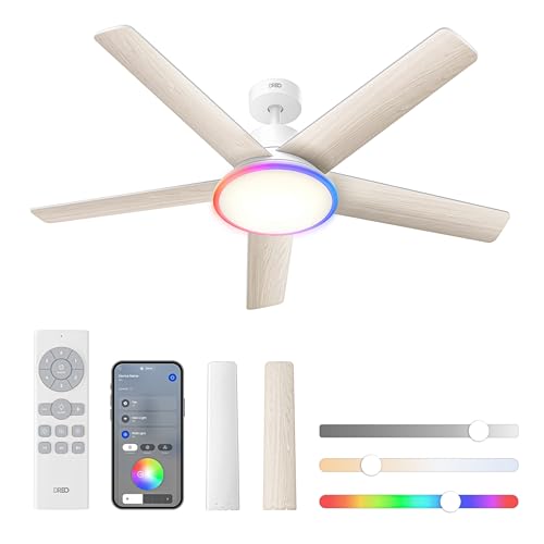 DREO Smart Deckenventilator mit Licht, 132 cm, 12 Geschwindigkeiten, 3 Modi, stufenlos dimmbares LED-Beleuchtung, leiser DC-Motor, 12H-Timer, Fernbedienung/APP/Alexa, für Innenräume, Weiß