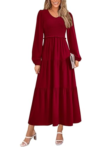 PRETTYGARDEN Fall Dresses for Women 2025 Casual Long Sleeve V Neck Smocked A Line Long Flowy Wedding Guest Dress