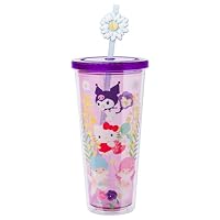 Silver Buffalo Sanrio Hello Kitty And Friends Featuring Kuromi and Little Twin Stars Plastic Cold Cup with Lid and Topper Straw, 24 ounces