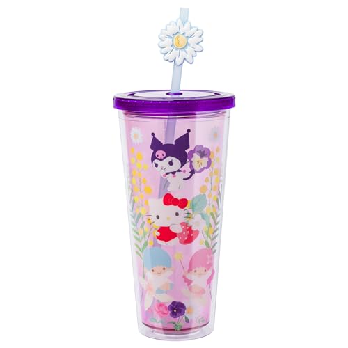 Silver Buffalo Sanrio Hello Kitty And Friends Featuring Kuromi and Little Twin Stars Plastic Cold Cup with Lid and Topper Straw, 24 ounces