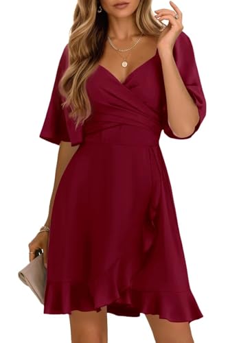 Dokotoo Women's Wrap V Neck Short Sleeve Smocked Elastic Waist Tiered Belted Ruffle Hem Mini Dress Holiday Dresses for Women Ruby XL