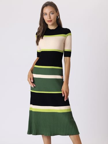 Hobemty Women's Knit Striped Dresses Short Sleeve Midi Ribbed Sweater Dress Small Green by Hobemty - Image 4