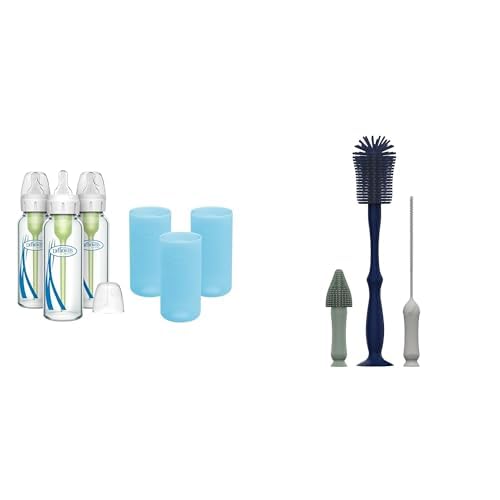 Dr. Brown's Anti-Colic Options+ Narrow Glass Baby Bottles 8oz and Level 1 Slow Flow Nipple, 3-Pack 0m+ and Blue Silicone Sleeves and Silicone Cleaning Brush Set (Bottle, Spout, Straw Brush)