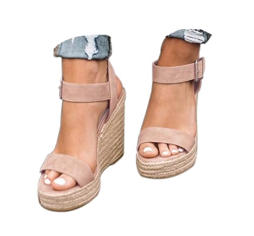 Image of Wedges for Women, Espadrille Platform Sandals, Comfortable Open Toe Wedge Heels with Ankle Strap Buckle, Summer Vacation Casual Shoes