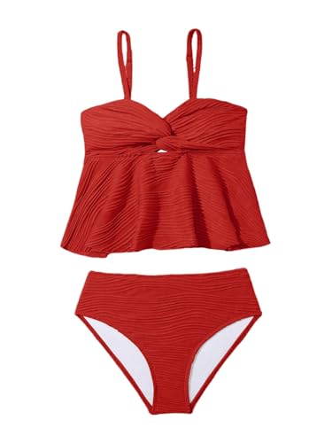 Image of OYOANGLE Girl's 2 Piece Tankini Swimsuit Textured Twist Front Ruched Ruffle Bikini Set Bathing Suits