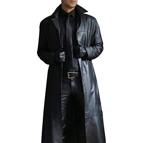 RCKODLE Hochwertiger PU-Leder-Trenchcoat für Herren, Retro-Leder, Langer Mantel, Steampunk-Gothic-Jacke, Mantel,Schwarz,3XL