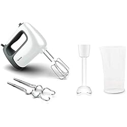 Batidora Tefal Tefal HT4611 Prep'Mix+ - Batidora de mano (500 W, botón deslizante con 5 velocidades + turbo, incluye accesorios: 2 batidores/2 ganchos para amasar/batidor/vaso medidor), color blanco y negro
