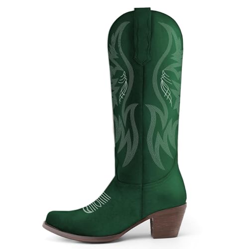 Image of KaroNairy Women Cowboy Boots Faux Suede Embroidered Pointed Thick Heeled Western Wide Calf Cowgirl Ponited Toe Mid Calf Boots