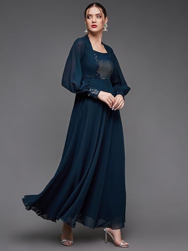 Image of Miss Chase Women's Bishop Sleeve Embellished Panelled Georgette Maxi Dress with Pockets