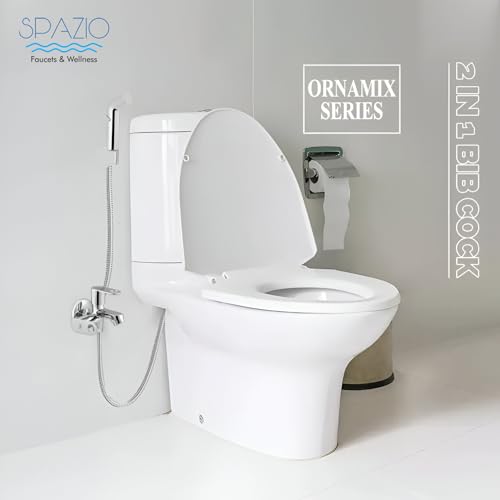 Image of Spazio ORNAMIX Series Brass 2 Way Bib Cock | 2 in 1 Tap (Pack of 1) for Bathroom & Kitchen Chrome Finish Silver Plated Twin Elbow Valve Faucet (Wall Mount Installation Type)