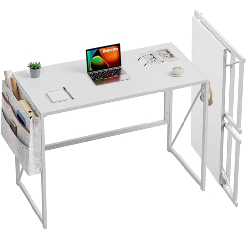 SOROGRA Escritorio Plegable con Bolsa de Almacenamiento y Ganchos para Auriculares, Mesa de Ordenador para Oficina en Casa y Estudio, Escritorio Pequeño para Espacios Reducidos, Montaje Fácil, Blanco