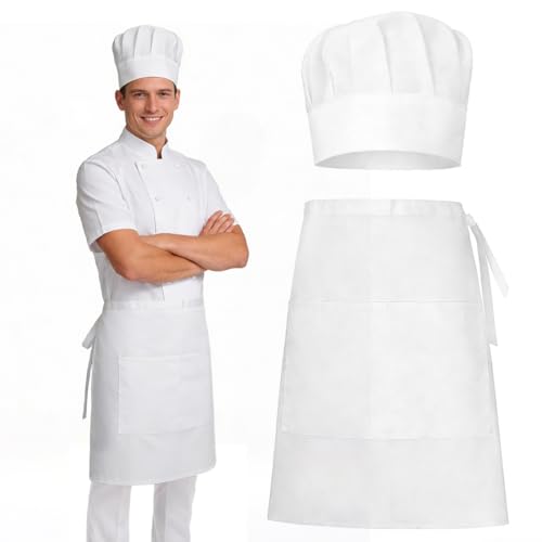 Augesak Gorro de Cocinero y Delantal para Adultos, Delantal Cocina Hombre Mujer, Gorro de Cocina Ajustable delantales Chef Blanco, Disfraz Cocinero Accesorio para Casa, Restaurantes