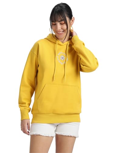 Image of JUNEBERRY Cotton Poly Fleece Oversized Fit Black, Green, Magenta, Mustard, Orange, Purple, Blue, Off White & Grey Graphic Printed Full Sleeve Hoodie for Women