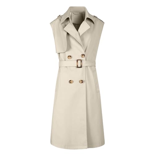 HGps8w Women's Chic Sleeveless Long Trench Coats Classic Lapel Double Breasted Mid-Length Belted Overcoat Dress Jacket