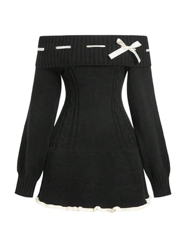 Image of SOLY HUX Women's Off The Shoulder Sweater Dress Bowknot Knit Mini Dresses Bodycon Long Sleeve Sweater Dress 2024 Trendy
