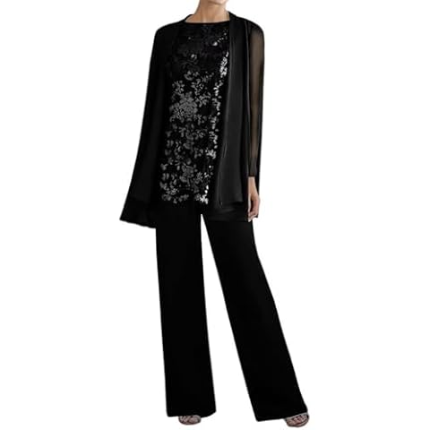 Black Pant Suits for Women Dressy Plus Size Sequin Lace Boat Neck Long Grandmother of The Groom Dresses with Jacket US16W Cover
