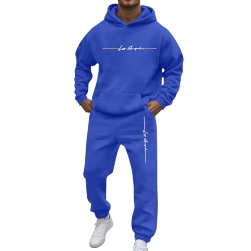 Generisch Chándal para hombre, traje deportivo informal de dos piezas con capucha y bolsillo, manga raglán, sudaderas con capucha, cordón, conjunto de pantalones de forro polar, azul, S