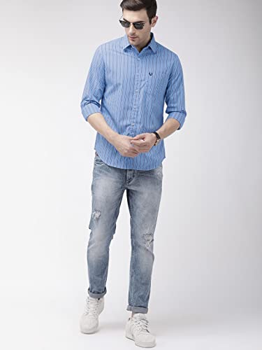 Image of Indian Garage Men's Slim Fit Casual Striped Cotton Shirt Features Cutaway Collar, Full Sleeves, one Patch Pocket, Regular Length, Curved Hem and Button Closure.