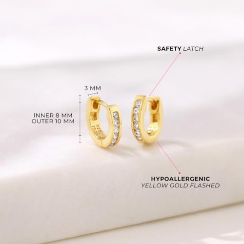 925 Sterling Silver Clear Cubic Zirconia Small Hoop Huggie Earrings For Girls & Young Teens 10mm- Elegant Yellow Gold Flashed 925 Sterling Silver Gift For Any Special Moments4