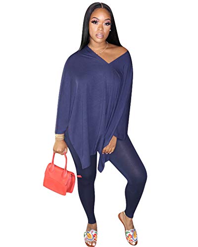 Two Piece Outfits for Women Long Sleeve - Sexy V Neck Loose Fit T-Shirt Tops Skinny Long Pants Set Tracksuit Navy Blue L