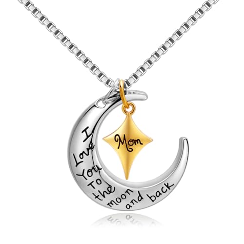 POWER WING Mom Necklaces for Women I Love You to The Moon and Back Moon&Star Pendant Necklace Birthday Gifts for Mom Mothers Day Gifts for Women