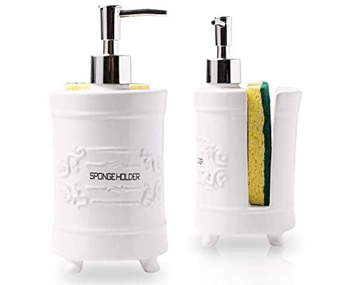 Comfify Français Design Distributeur de Savon de Cuisine et Porte-éponge - Organisateur de lavabo - Distributeur de Savon Liquide Shabby Chic 12,6oz avec Porte-Savon à Pompe de qualité supérieure