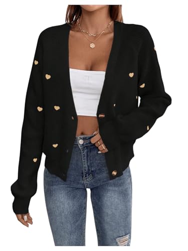GORGLITTER Cárdigan de punto para mujer, abrigo de punto informal, suéter para exteriores, chaqueta fina, suéter con bordado de corazón, Negro , XS