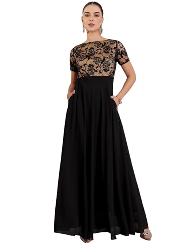 Image of Miss Chase Women's Floral Printed Relaxed Fit V-Neck 3 /4th Sleeve Maxi Dress