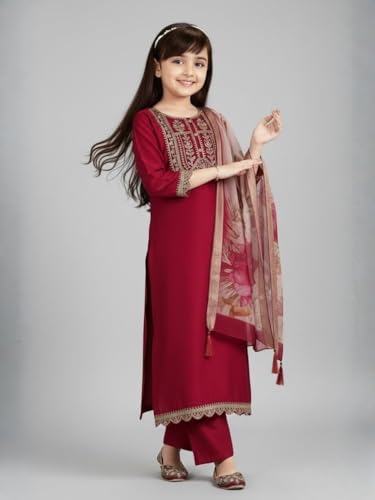 Image of Girls Ethnic Embroidered Silk Kurta Pant and Jacquard Dupatta Set | Kids Salwar Suit | three piece Traditional Outfit