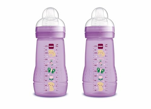 MAM Pack 2 Biberones, 2-4 Meses, 270ml, con Tetina 2 de Flujo Medio de Silicona de Fácil Aceptación, Fácil de Sostener, Fácil de Limpiar, MAM Easy Active, Rosa Brillante, Pack de 2uds
