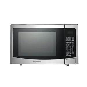 Emerson MWI1212SS Countertop Microwave Oven with Inverter and Button Control, LED Display 1000W 10 Power Levels, 8 Auto Menus, Glass Turntable and Child Safe Lock, 1.2 Cu. Ft, Stainless Steel