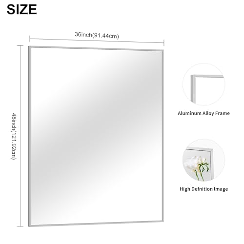 Image of COFENY Silver Bathroom Mirror, 48 inchX36 inch Rectangle Mirrors for Wall Metal Frame, Bathroom Rectangular Mirror Modern Wall Mirror for Bedroom Living Room, Hangs Horizontal or Vertical