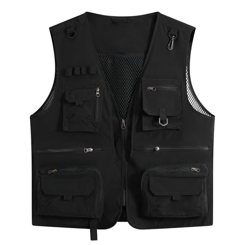 YOUTHUP Gilet Multifonction Homme avec Multi-poches Veste Utilitaire Léger pour Pêche Randonnée Safari Photographie Voyage, Noir, M