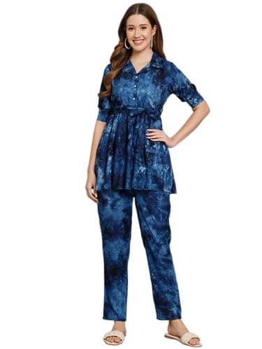 Image of Women's Cotton Regular Fit V Neck Printed Top with Trouser Co-ords Set with Fashion & Elegant Design (1 Top 1 Pant 1 Belt)