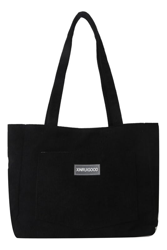 CHENXIAOHONG Bolsa Feminina de Ombro em Veludo Cotelê | Bolsa Faculdade Estilo Casual, Tipo Tote, Macia e Espaçosa, Ideal para Dia a Dia, Trabalho e Estudo (Preto)