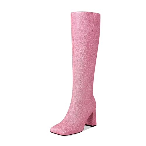Sparkly Knee High Boots for Women with Chunky Block High Heel 3.3In, Sequin Glitter Gogo Boots Tall Boots Side Zipper Square Toe, Bling Faux Leather Below the Knee Long Boots