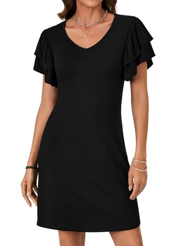 Vrtige Women's Casual Ruffle Sleeve Mini Dress V Neck Short Sleeve Summer Short Dress2