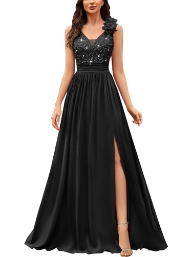 Miusol Women's Vintage V-Neck Sleeveless Sequined Split Formal Evening Maxi Dress (Medium, Black)