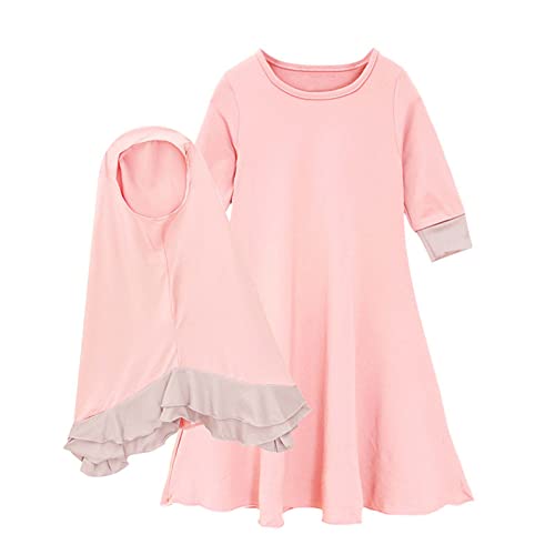 Kids Girls Two-piece Muslim Prayer Dress Set Full Length Dress Islamic Cotton Maxi Dress Kaftan with Hijab 2-9 Y