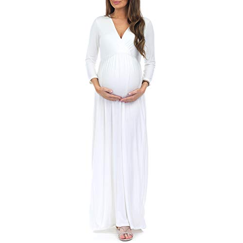 Mother Bee Maternity 3/4 Sleeve Ruched Maternity Dress W/Empire Waist for Baby Showers or Casual Wear (Ivory, Large)