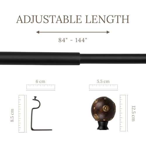Image of 84 inch-144 inch Adjustable Double Curtain Rod For Door & Windows With Brackets Set Curtains Hanging Extendable Iron Metal Pipe Holder With Mughal Metal Wood Blend Finial (Black, 0.75 inch Diameter)