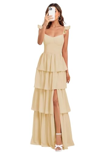 Tiered Chiffon Bridesmaid Dresses for Women 2025 Ruffles Long Formal Evening Dress with Slit