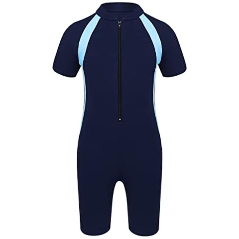 renvena Kids Child Boys One Piece Zip Swimsuit 6-16Y Short Sleeve Sun Protection Swimwear Bathing Suit Navy Blue 8-10 Years Cover
